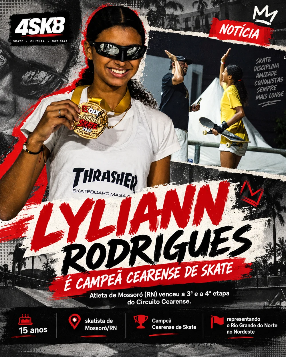 Arte editorial de Lyliann Rodrigues com medalha da competição